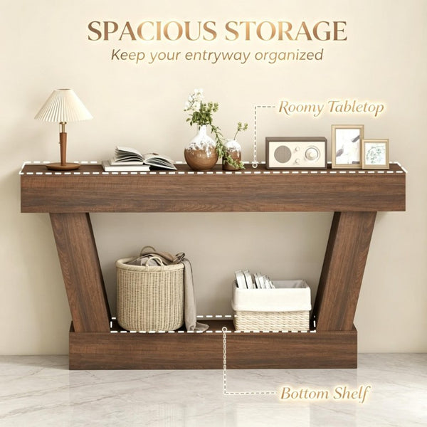 English Elm 63 Inch Distressed Vintage Console Table with Open Shelf Slim Entryway Accent Brown T3971P555502