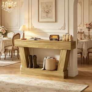 English Elm 63 Inch Distressed Vintage Console Table with Open Shelf Slim Entryway Accent Oak T3971P555505