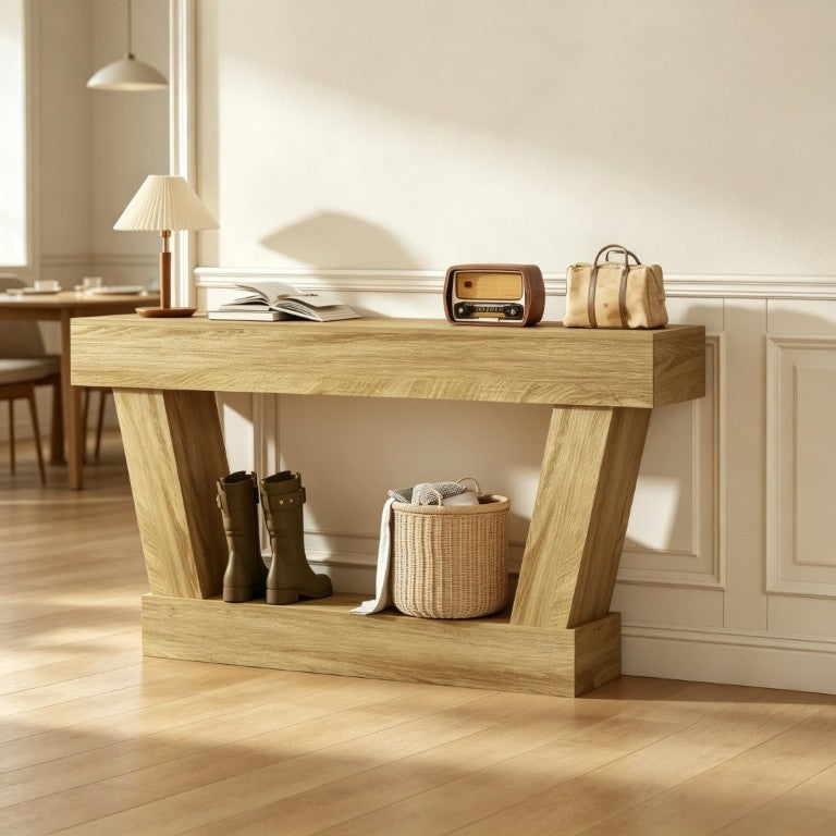 English Elm 63 Inch Distressed Vintage Console Table with Open Shelf Slim Entryway Accent Oak T3971P555505