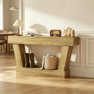 English Elm 63 Inch Distressed Vintage Console Table with Open Shelf Slim Entryway Accent Oak T3971P555505