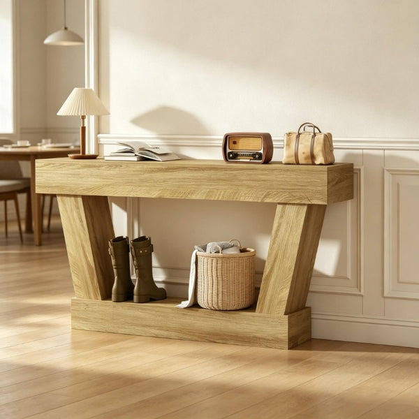 English Elm 63 Inch Distressed Vintage Console Table with Open Shelf Slim Entryway Accent Oak T3971P555505