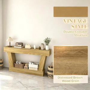 English Elm 63 Inch Distressed Vintage Console Table with Open Shelf Slim Entryway Accent Oak T3971P555505