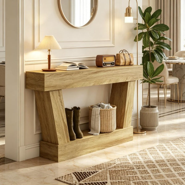 English Elm 63 Inch Distressed Vintage Console Table with Open Shelf Slim Entryway Accent Oak T3971P555505