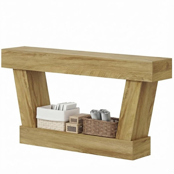 English Elm 63 Inch Distressed Vintage Console Table with Open Shelf Slim Entryway Accent Oak T3971P555505