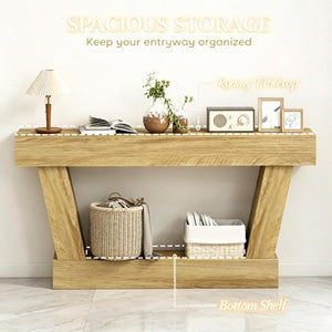 English Elm 63 Inch Distressed Vintage Console Table with Open Shelf Slim Entryway Accent Oak T3971P555505
