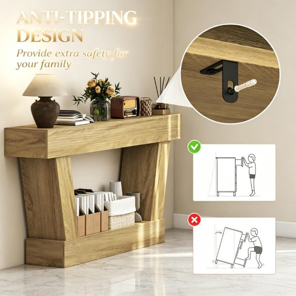 English Elm 63 Inch Distressed Vintage Console Table with Open Shelf Slim Entryway Accent Oak T3971P555505
