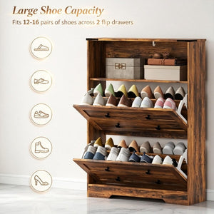 English Elm Modern Rustic Brown Entryway Shoe Cabinet with Flip Drawers and Open Shelf T3971P555511
