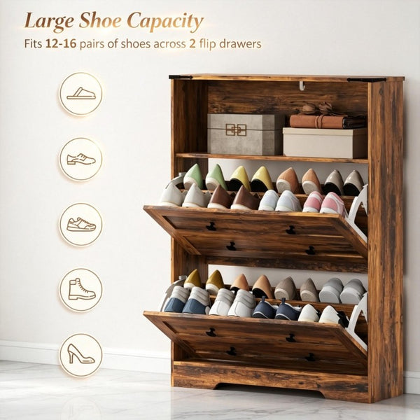 English Elm Modern Rustic Brown Entryway Shoe Cabinet with Flip Drawers and Open Shelf T3971P555511