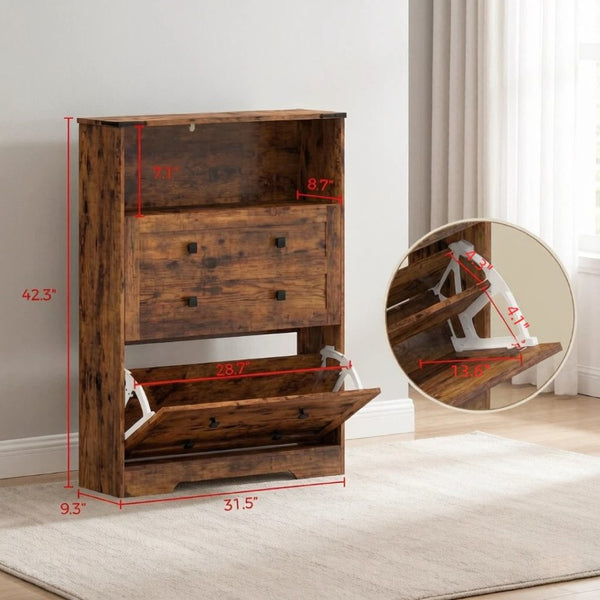 English Elm Modern Rustic Brown Entryway Shoe Cabinet with Flip Drawers and Open Shelf T3971P555511