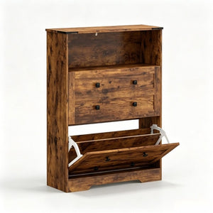 English Elm Modern Rustic Brown Entryway Shoe Cabinet with Flip Drawers and Open Shelf T3971P555511