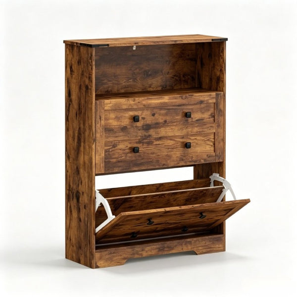 English Elm Modern Rustic Brown Entryway Shoe Cabinet with Flip Drawers and Open Shelf T3971P555511