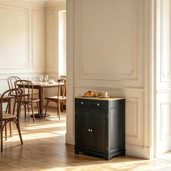 English Elm Compact Rubberwood Sideboard with Drawers and Adjustable Shelf for Dining or Kitchen T3971P557950
