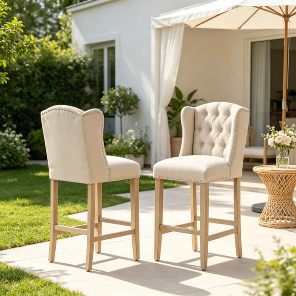 English Elm Comfortable Tufted Wingback Barstools Set of Two with Rubberwood Legs for Kitchen Islands T3971P558136