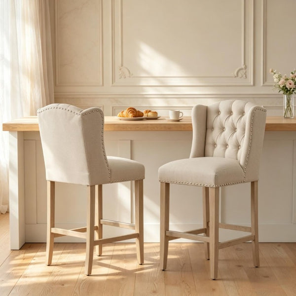 English Elm Comfortable Tufted Wingback Barstools Set of Two with Rubberwood Legs for Kitchen Islands T3971P558136