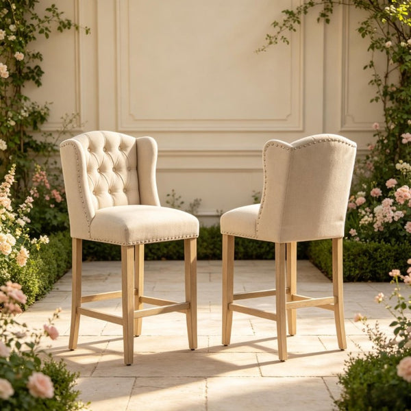 English Elm Comfortable Tufted Wingback Barstools Set of Two with Rubberwood Legs for Kitchen Islands T3971P558136