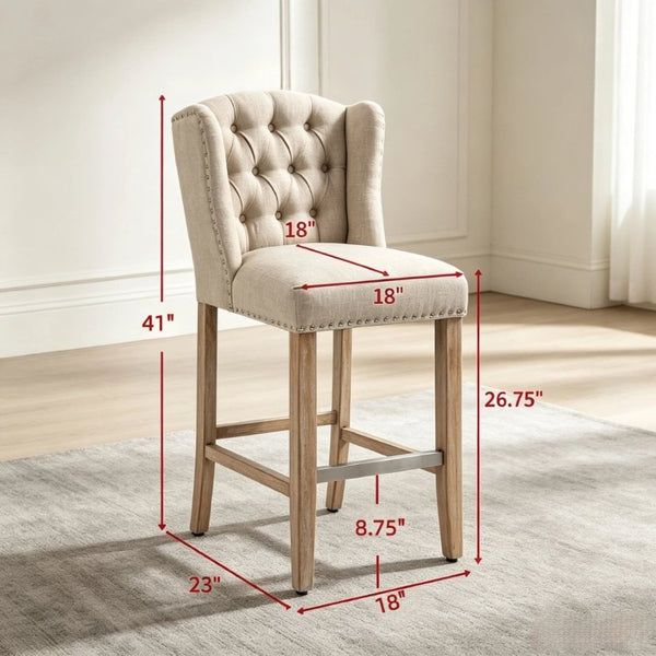 English Elm Comfortable Tufted Wingback Barstools Set of Two with Rubberwood Legs for Kitchen Islands T3971P558136