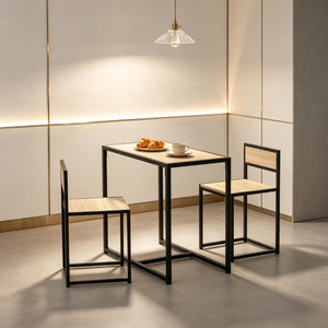 English Elm Minimalist 3 Piece Dining Set with Steel Frame Oak MDF Table and Two Stools T3971P558154