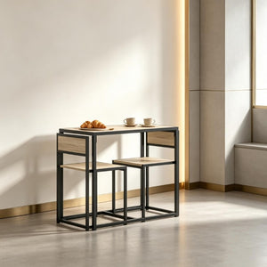 English Elm Minimalist 3 Piece Dining Set with Steel Frame Oak MDF Table and Two Stools T3971P558154