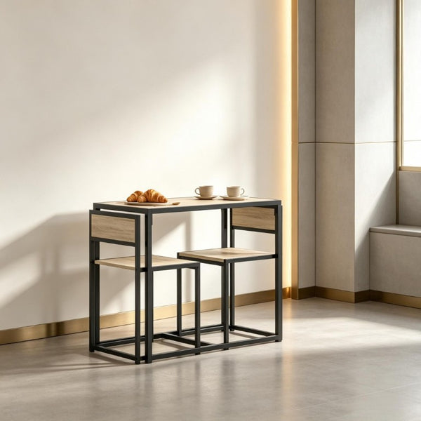 English Elm Minimalist 3 Piece Dining Set with Steel Frame Oak MDF Table and Two Stools T3971P558154