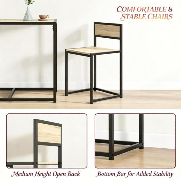 English Elm Minimalist 3 Piece Dining Set with Steel Frame Oak MDF Table and Two Stools T3971P558154