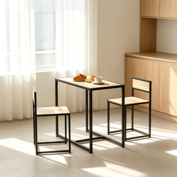 English Elm Minimalist 3 Piece Dining Set with Steel Frame Oak MDF Table and Two Stools T3971P558154