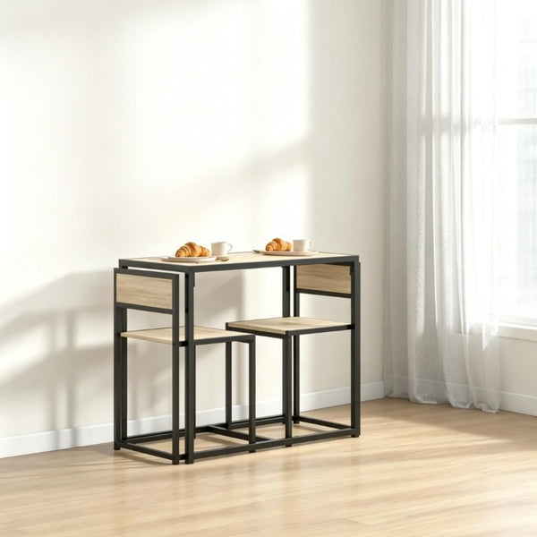 English Elm Minimalist 3 Piece Dining Set with Steel Frame Oak MDF Table and Two Stools T3971P558154