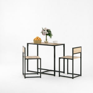 English Elm Minimalist 3 Piece Dining Set with Steel Frame Oak MDF Table and Two Stools T3971P558154