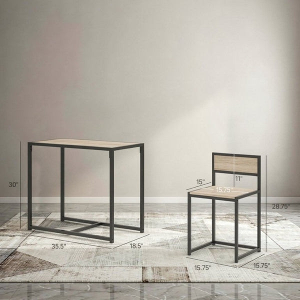 English Elm Minimalist 3 Piece Dining Set with Steel Frame Oak MDF Table and Two Stools T3971P558154