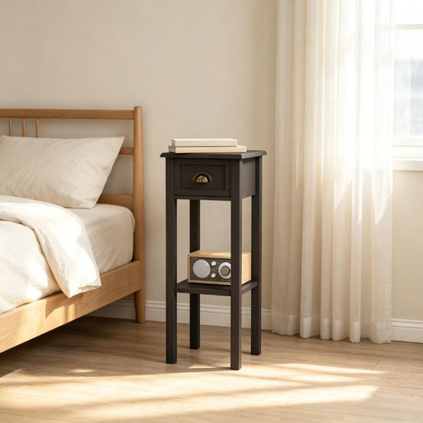 English Elm Functional Slim MDF Side Table with Drawer Open Shelf Coffee Finish Bedroom Accent T3971P558203