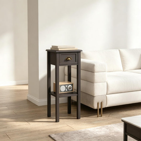 English Elm Functional Slim MDF Side Table with Drawer Open Shelf Coffee Finish Bedroom Accent T3971P558203