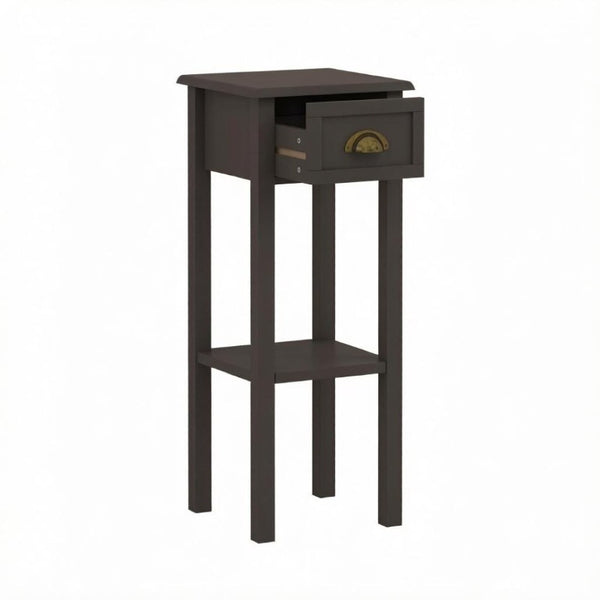 English Elm Functional Slim MDF Side Table with Drawer Open Shelf Coffee Finish Bedroom Accent T3971P558203