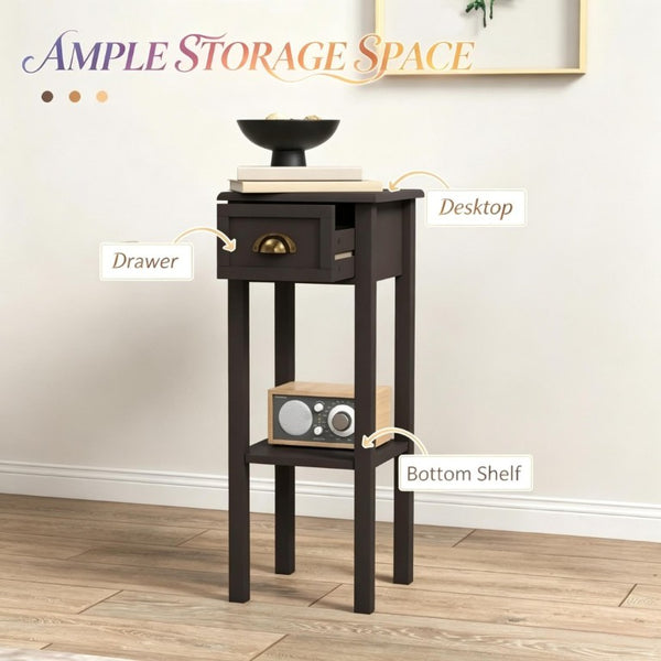 English Elm Functional Slim MDF Side Table with Drawer Open Shelf Coffee Finish Bedroom Accent T3971P558203
