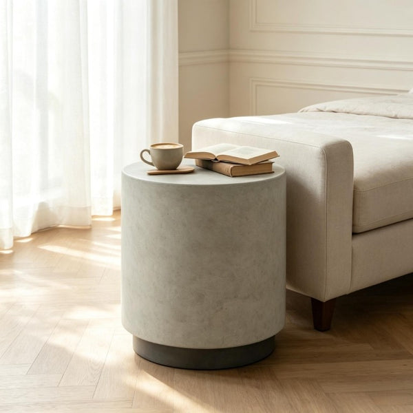English Elm Minimalist Concrete Look Round Side Table Cylindrical Cement Accent for Indoor Outdoor Use T3971P558215