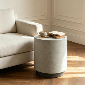English Elm Minimalist Concrete Look Round Side Table Cylindrical Cement Accent for Indoor Outdoor Use T3971P558215