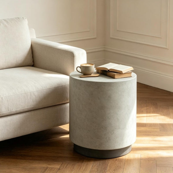 English Elm Minimalist Concrete Look Round Side Table Cylindrical Cement Accent for Indoor Outdoor Use T3971P558215