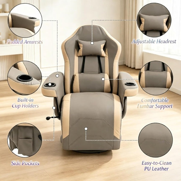 English Elm Multifunctional Racing Style Recliner PU Leather High Back Swivel Chair with Footrest T3971P558252