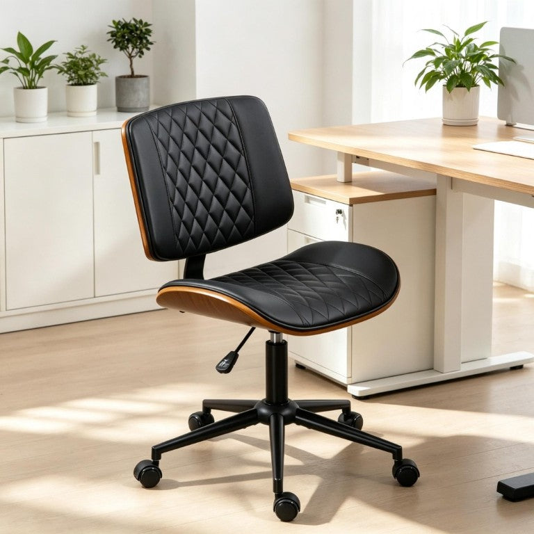English Elm Modern Armless Swivel Desk Chair Tufted PU Leather Bentwood Frame Home Office T3971P558298