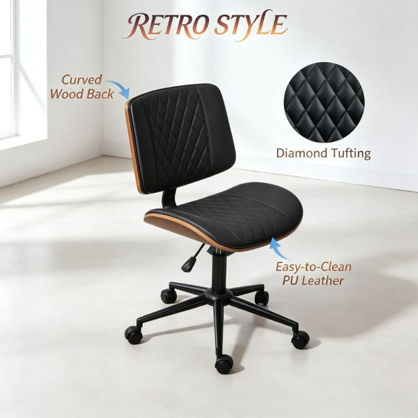 English Elm Modern Armless Swivel Desk Chair Tufted PU Leather Bentwood Frame Home Office T3971P558298