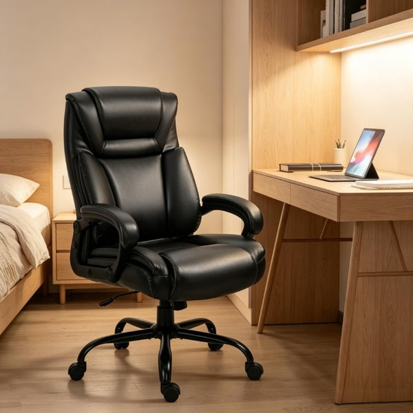 English Elm High-Back Executive PU Leather Chair with Dual Headrest and 400 Lb Steel Base T3971P558303