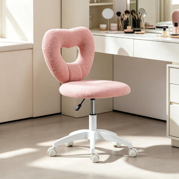English Elm Cute Heart Backrest Swivel Chair Armless Teddy Fleece Vanity Seat for Home Office T3971P558338