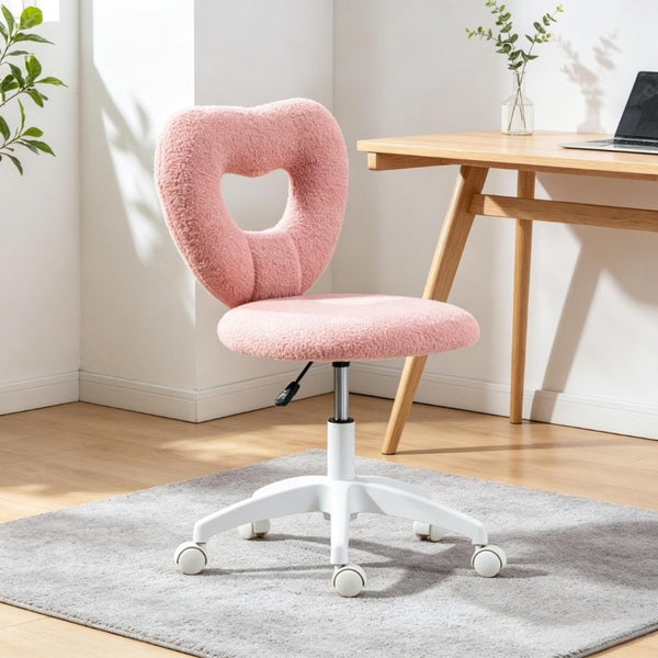 English Elm Cute Heart Backrest Swivel Chair Armless Teddy Fleece Vanity Seat for Home Office T3971P558338