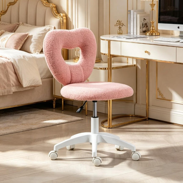 English Elm Cute Heart Backrest Swivel Chair Armless Teddy Fleece Vanity Seat for Home Office T3971P558338