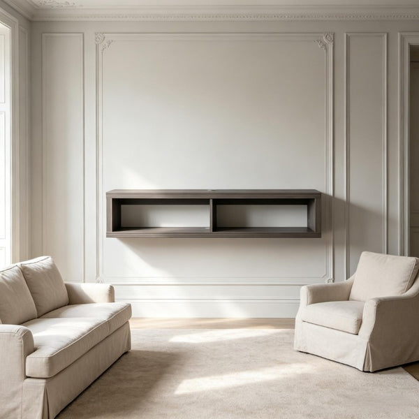 English Elm Modern Floating Wall Media Shelf Dark Grey Wood Grain Two Bay Living Room Unit T3971P562690
