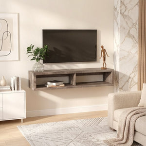 English Elm Modern Floating Wall Media Shelf Dark Grey Wood Grain Two Bay Living Room Unit T3971P562690