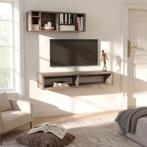 English Elm Modern Floating Wall Media Shelf Dark Grey Wood Grain Two Bay Living Room Unit T3971P562690