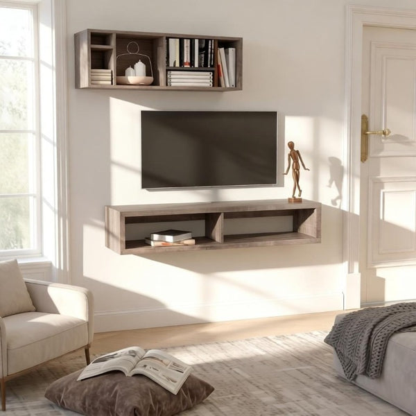 English Elm Modern Floating Wall Media Shelf Dark Grey Wood Grain Two Bay Living Room Unit T3971P562690