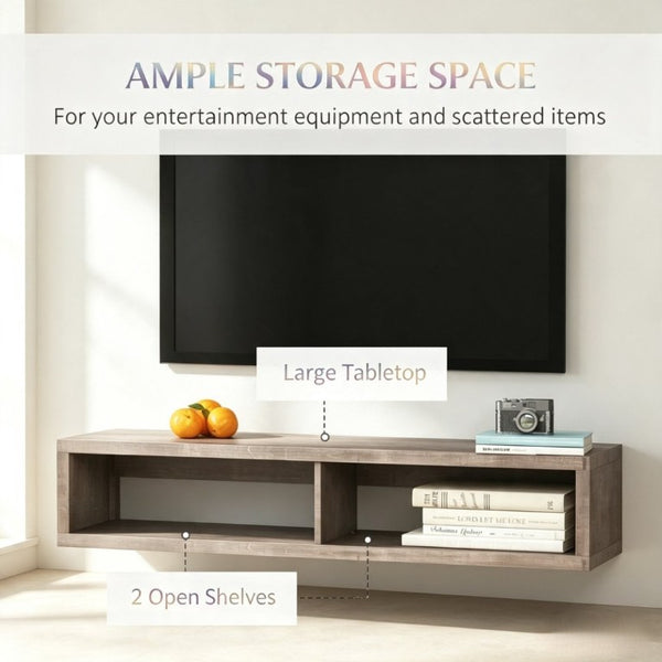 English Elm Modern Floating Wall Media Shelf Dark Grey Wood Grain Two Bay Living Room Unit T3971P562690