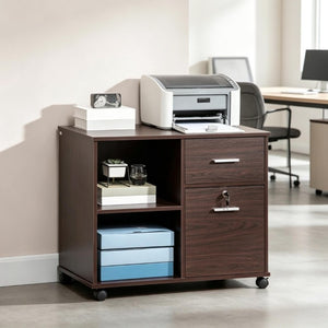 English Elm Versatile Walnut Rolling Cabinet with Locking Drawer Open Shelf and Printer Stand T3971P562703