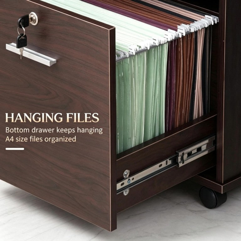 English Elm Versatile Walnut Rolling Cabinet with Locking Drawer Open Shelf and Printer Stand T3971P562703