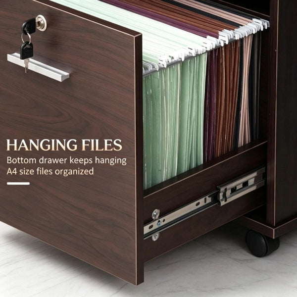 English Elm Versatile Walnut Rolling Cabinet with Locking Drawer Open Shelf and Printer Stand T3971P562703
